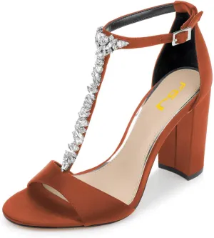FSJ Women Wedding T Strap Open Toe Sandals Rhinestones Crystal Studded Chunky High Heel Buckled Shoes Size 4-15 US