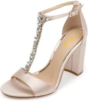 FSJ Women Wedding T Strap Open Toe Sandals Rhinestones Crystal Studded Chunky High Heel Buckled Shoes Size 4-15 US