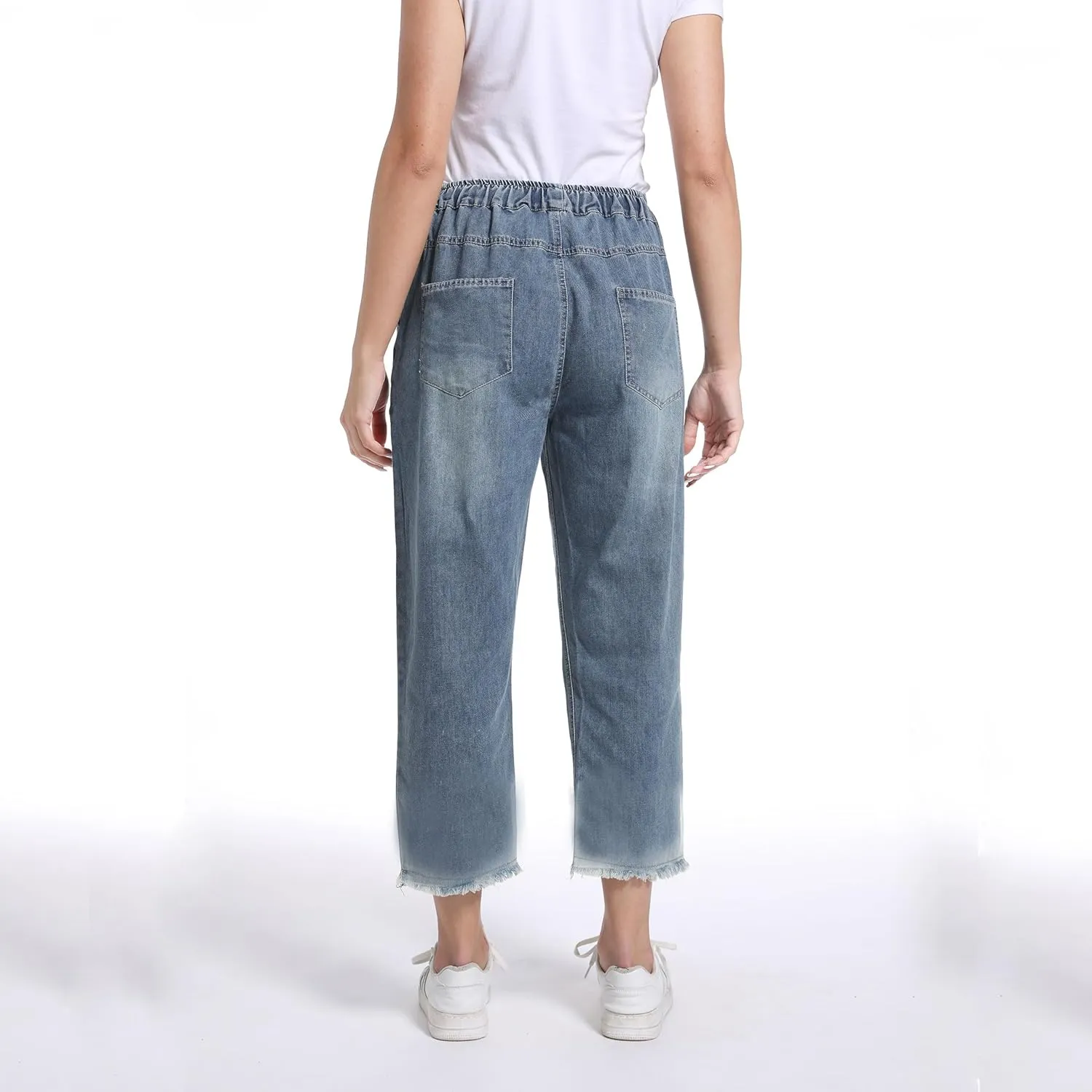 FTCayanz Women's Elastic Waist Cropped Jeans Baggy Drawstring Stretch Denim Pants with Pockets