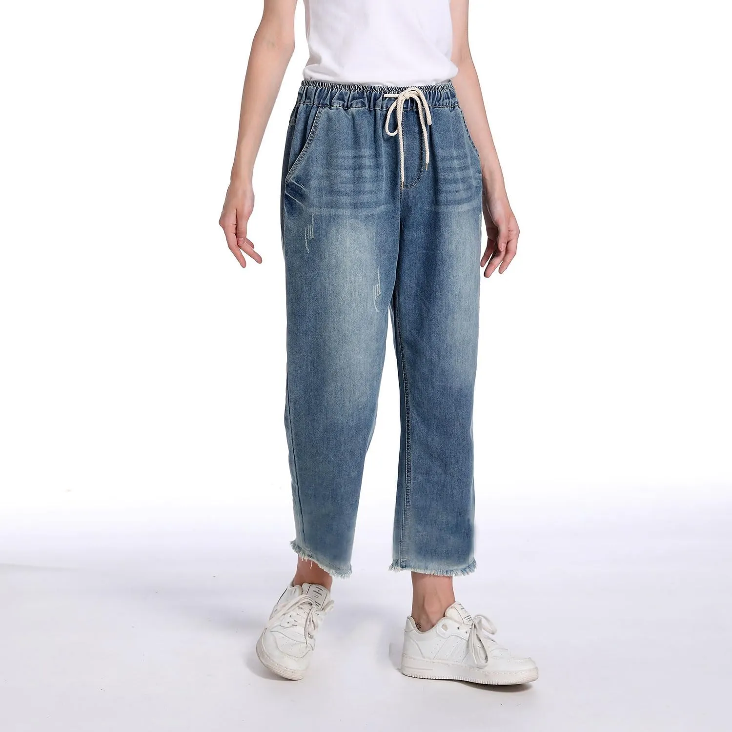 FTCayanz Women's Elastic Waist Cropped Jeans Baggy Drawstring Stretch Denim Pants with Pockets
