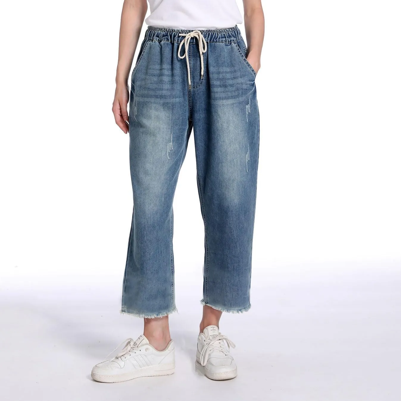 FTCayanz Women's Elastic Waist Cropped Jeans Baggy Drawstring Stretch Denim Pants with Pockets