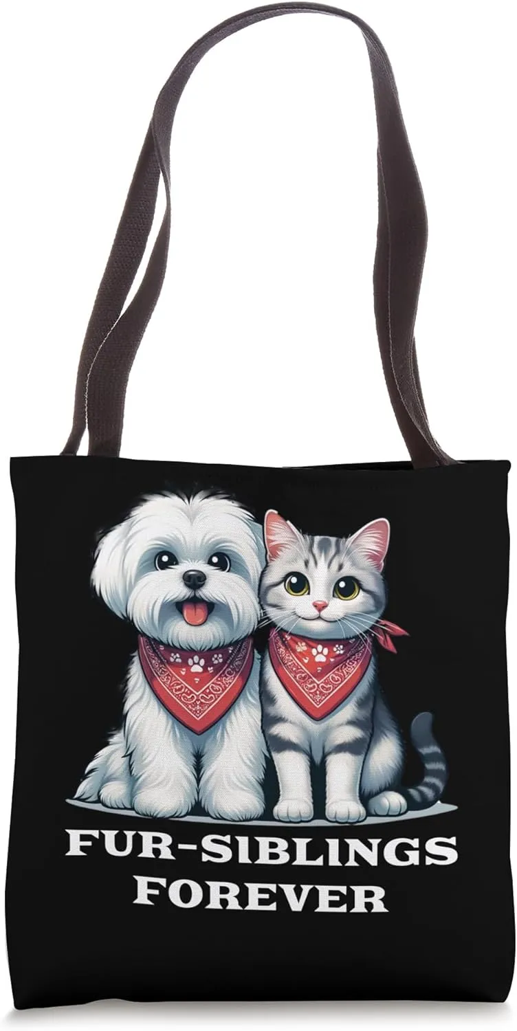 Funny Pet Bandana Bond - Maltese Dog and Cat Friendship Tote Bag