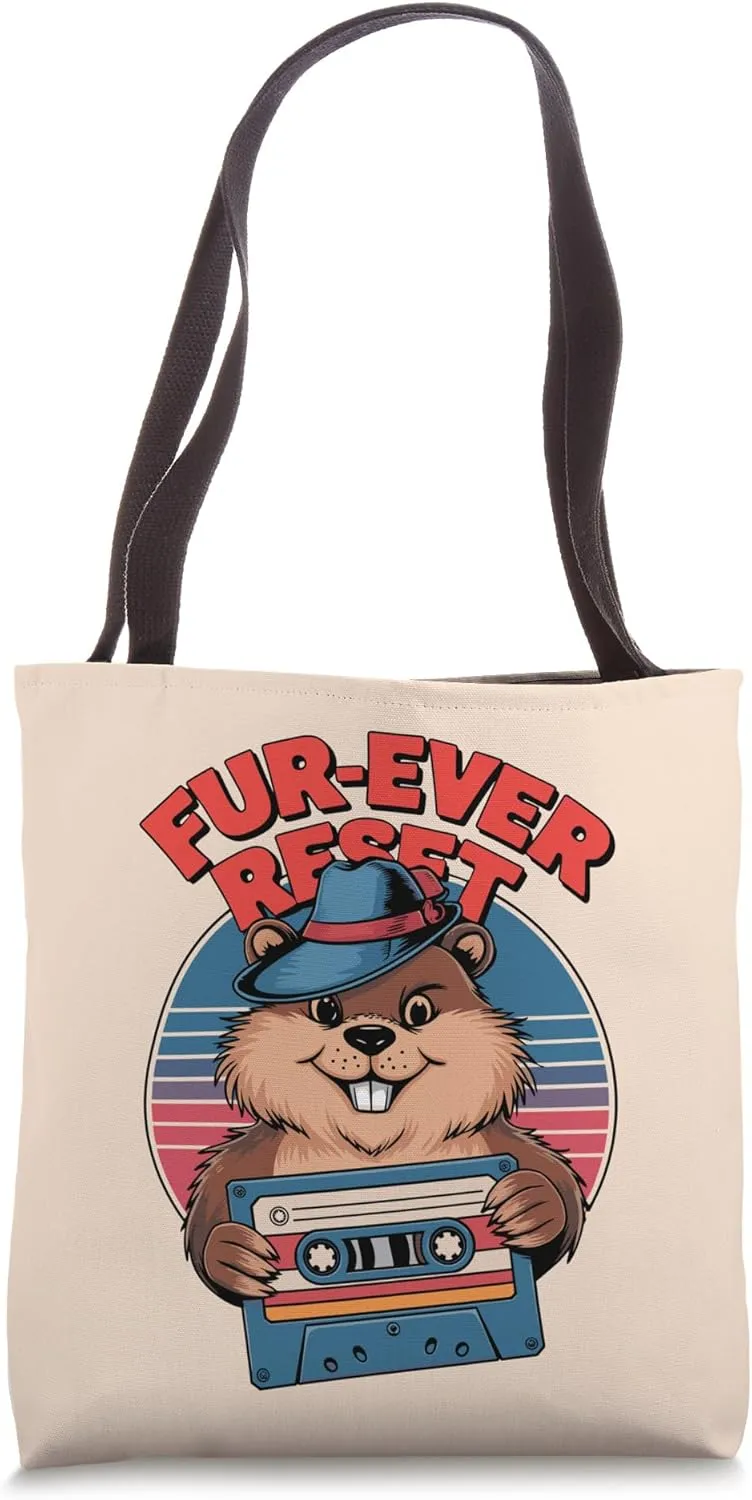 Fur-ever Reset Groundhog with Cassette Tape Retro Tote Bag