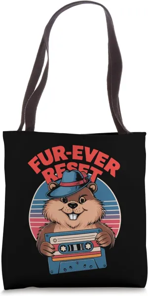 Fur-ever Reset Groundhog with Cassette Tape Retro Tote Bag