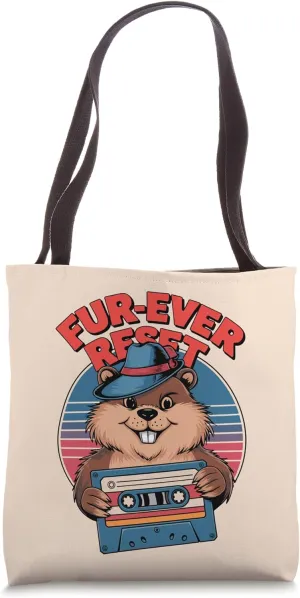 Fur-ever Reset Groundhog with Cassette Tape Retro Tote Bag