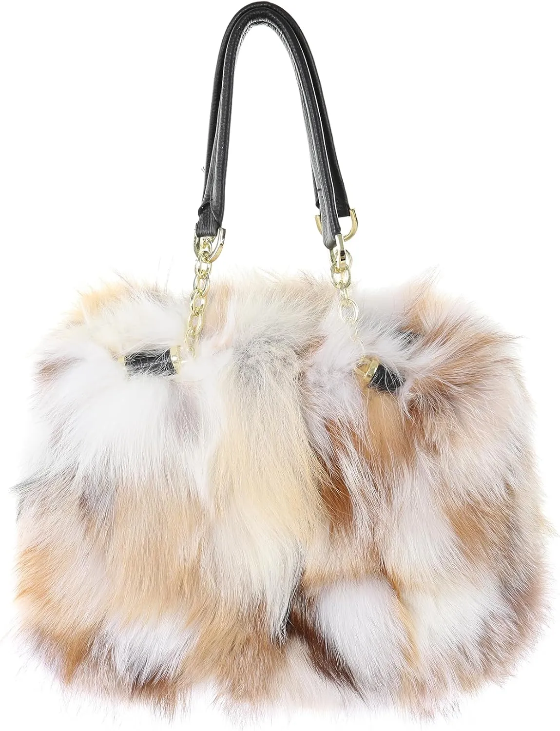 Fur Story Women's Real Red Fox Fur Chain Bag Fuzzy Shoulder Handbag Fluffy Tote Bag Fur Purses Big Capacity