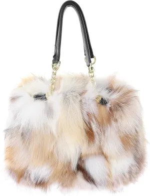 Fur Story Women's Real Red Fox Fur Chain Bag Fuzzy Shoulder Handbag Fluffy Tote Bag Fur Purses Big Capacity