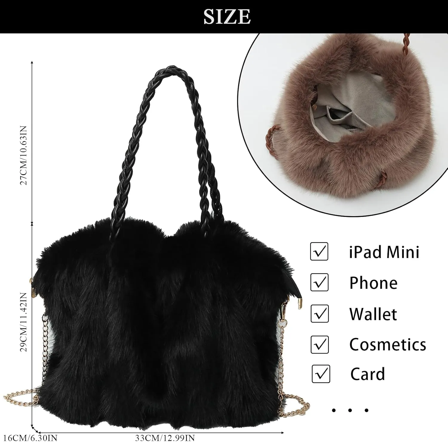 Furry Purse Winter Fluffy Bags for Women Fuzzy Tote Bag Handbags Faux Fur Bag Fluffy Shoulder Crossbody Bag
