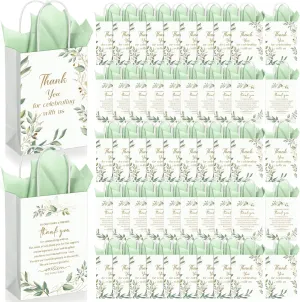 Fuutreo 100 Set Wedding Gift Bags with Tissue Paper Wedding Welcome Favor Paper Bags for Guests with Handles Thank You Bridal Shower Hotel 21 * 8 * 15cm(Eucalyptus Leaves)