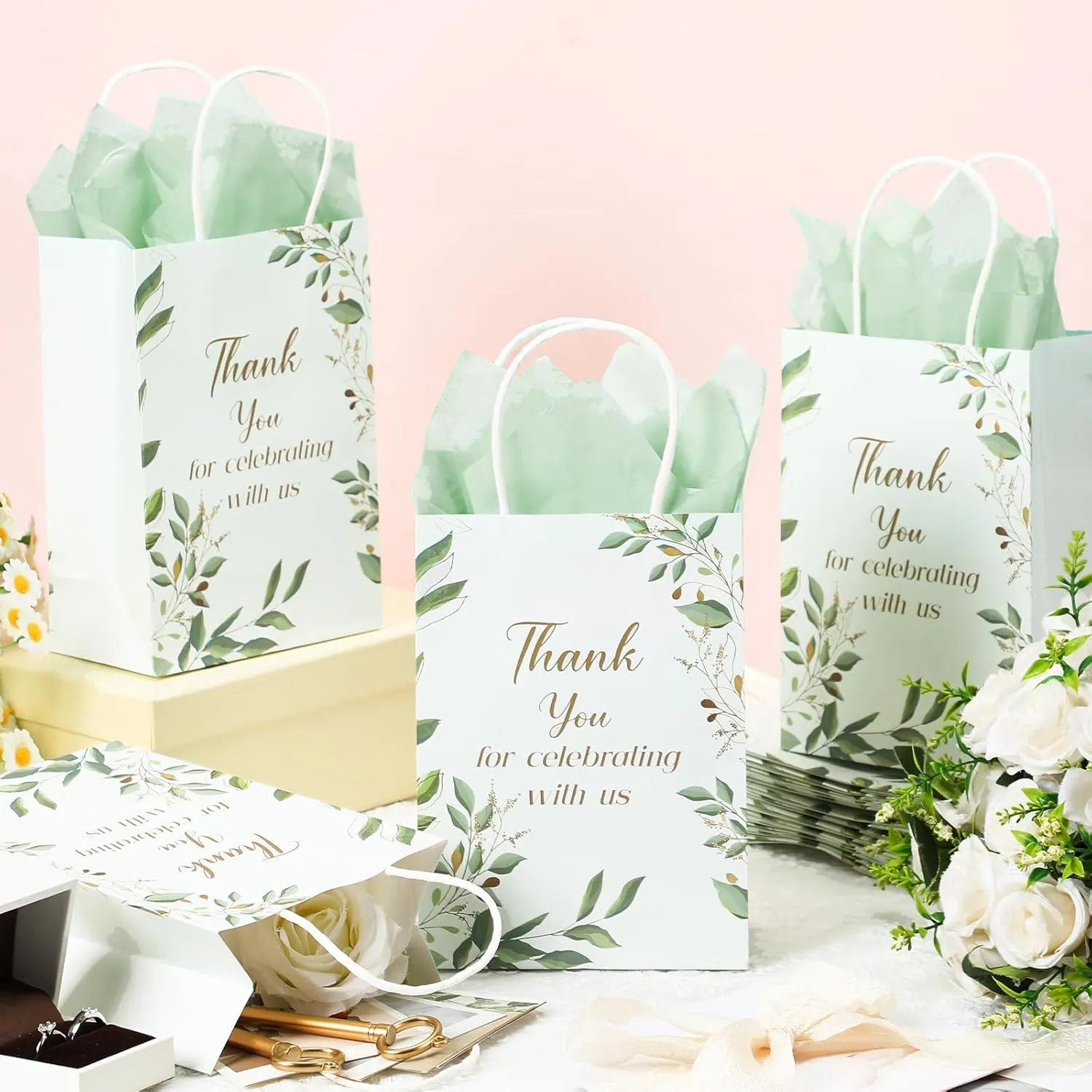 Fuutreo 100 Set Wedding Gift Bags with Tissue Paper Wedding Welcome Favor Paper Bags for Guests with Handles Thank You Bridal Shower Hotel 21 * 8 * 15cm(Eucalyptus Leaves)