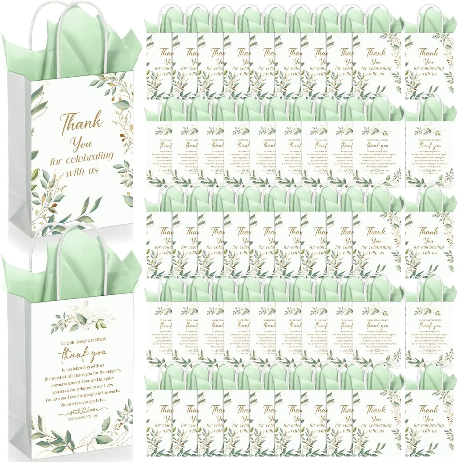 Fuutreo 100 Set Wedding Gift Bags with Tissue Paper Wedding Welcome Favor Paper Bags for Guests with Handles Thank You Bridal Shower Hotel 21 * 8 * 15cm(Eucalyptus Leaves)