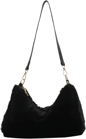 Fuzzy Plush Handbag Women 2024 Fall Winter Fashion Stylish Shoulder Bag PU Strap Smooth Zip Cozy Fur