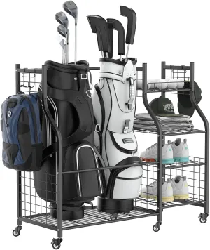 Garage Golf Bag Storage Organizer, Extra Large Golf Bag Stand with Golf Accessories Storage Shelves Rolling Golf Bag Organizer