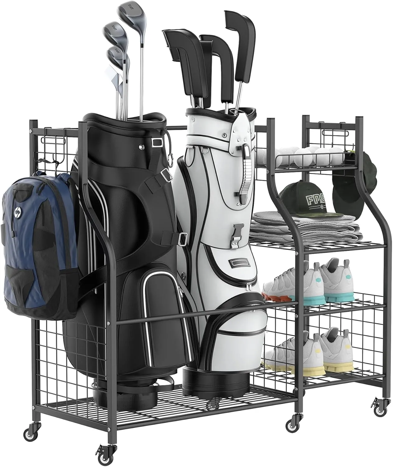 Garage Golf Bag Storage Organizer, Extra Large Golf Bag Stand with Golf Accessories Storage Shelves Rolling Golf Bag Organizer