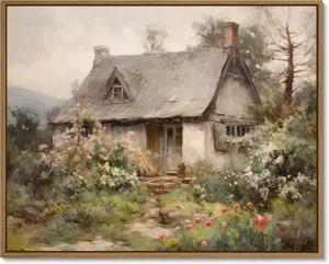 Gardenia Art Framed Old Cottage Wall Art Vintage Landscape Oil Painting Mountain Hut Blooming Wild Floral Canvas Print Country Aesthetic Decor Art for Bedroom Bathroom Living Room Home Décor 12"x16"