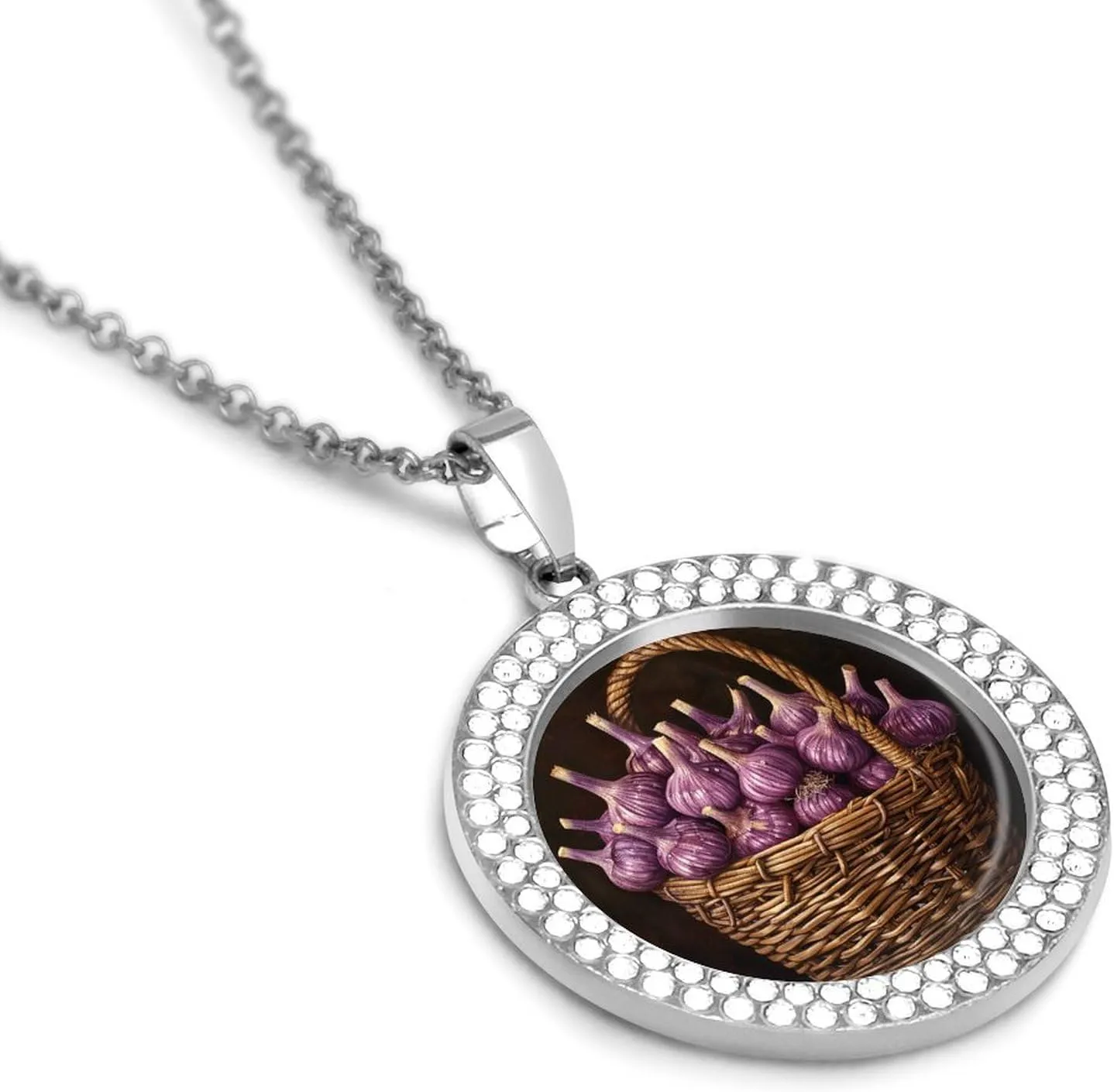 Garlic in Flower Basket Multicolored Alloy Diamond Choker Necklace Round Patterned Pendants Necklace Fashion Jewelry Gift for Her Mom And Wife