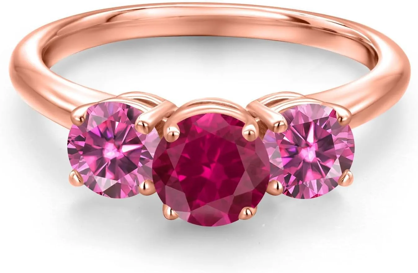 Gem Stone King 18K Rose Gold Plated Silver Ring Round Red Created Ruby and Vivid Pink Moissanite (2.00 Cttw)