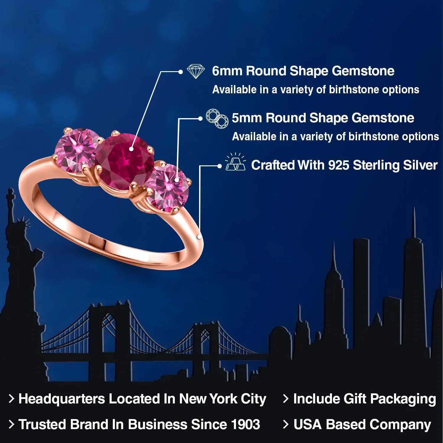 Gem Stone King 18K Rose Gold Plated Silver Ring Round Red Created Ruby and Vivid Pink Moissanite (2.00 Cttw)