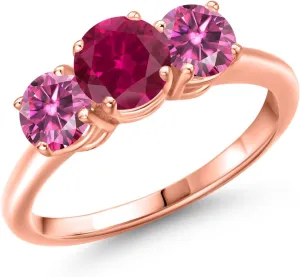 Gem Stone King 18K Rose Gold Plated Silver Ring Round Red Created Ruby and Vivid Pink Moissanite (2.00 Cttw)