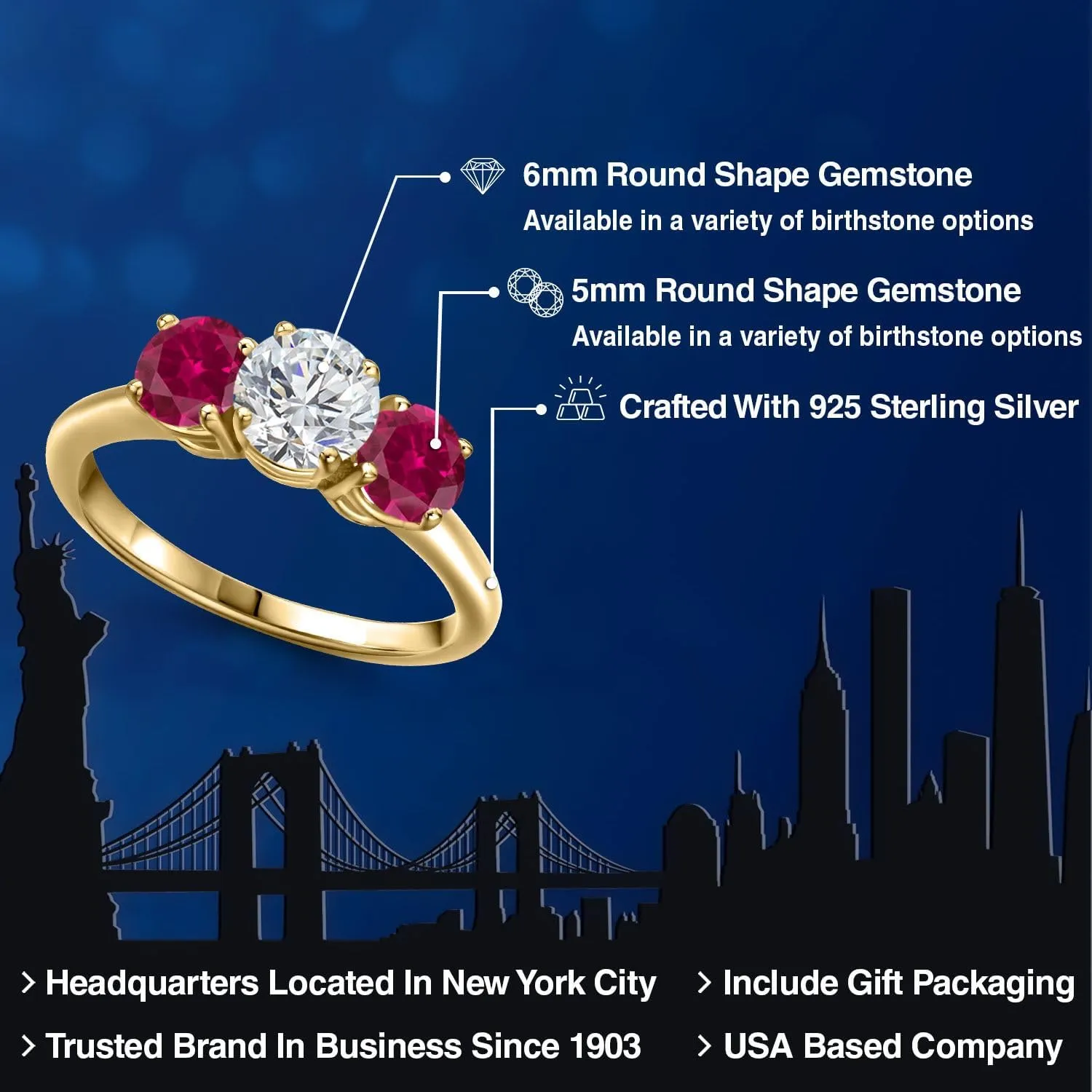 Gem Stone King 1.94 Ct G/H Lab Grown Diamond Red Created Ruby 18K Yellow Gold Plated Silver Ring