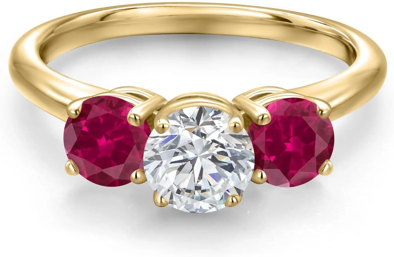Gem Stone King 1.94 Ct G/H Lab Grown Diamond Red Created Ruby 18K Yellow Gold Plated Silver Ring