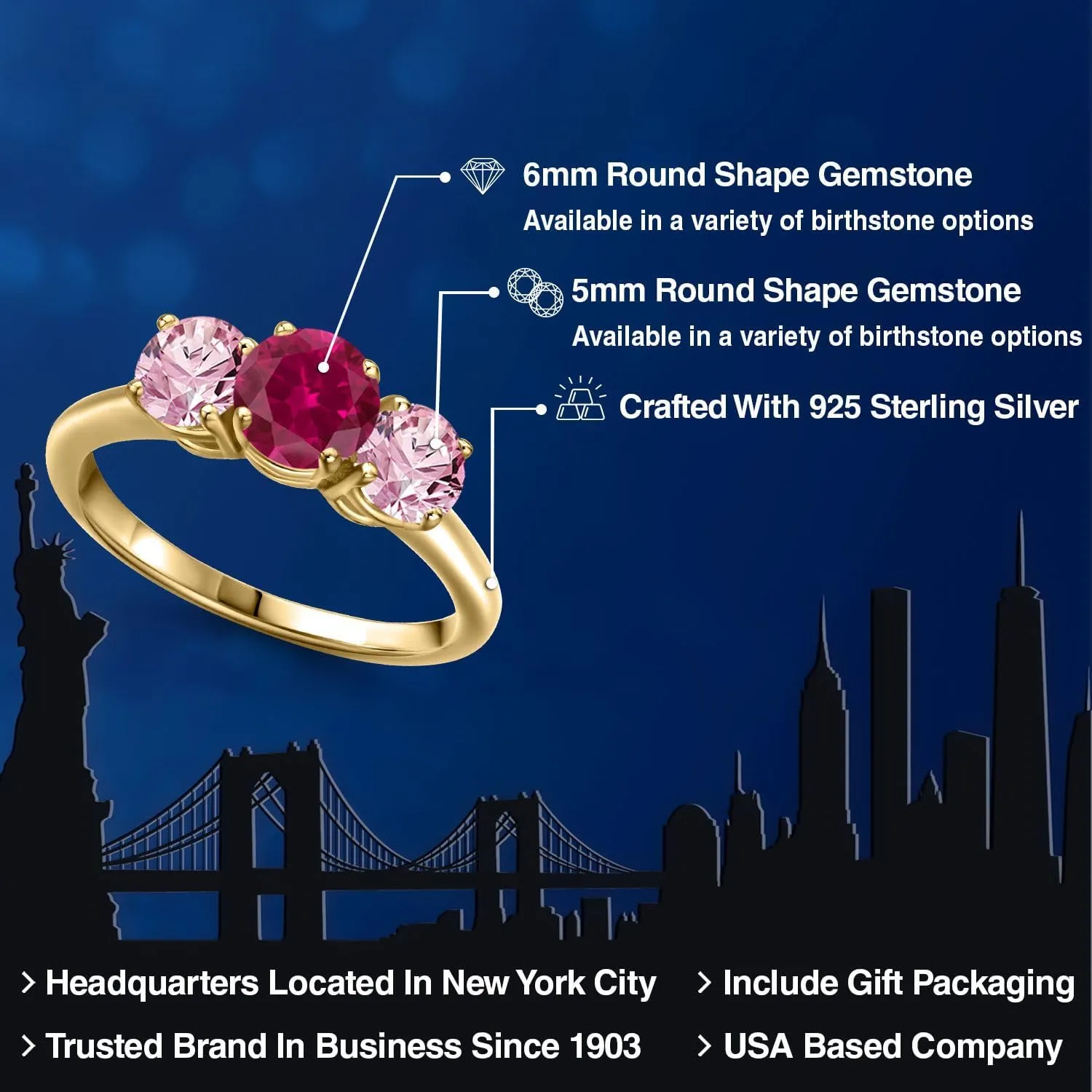 Gem Stone King 2.00 Ct Red Created Ruby Pink Lab Grown Diamond 18K Yellow Gold Plated Silver Ring