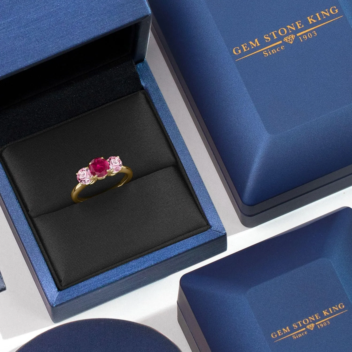 Gem Stone King 2.00 Ct Red Created Ruby Pink Lab Grown Diamond 18K Yellow Gold Plated Silver Ring