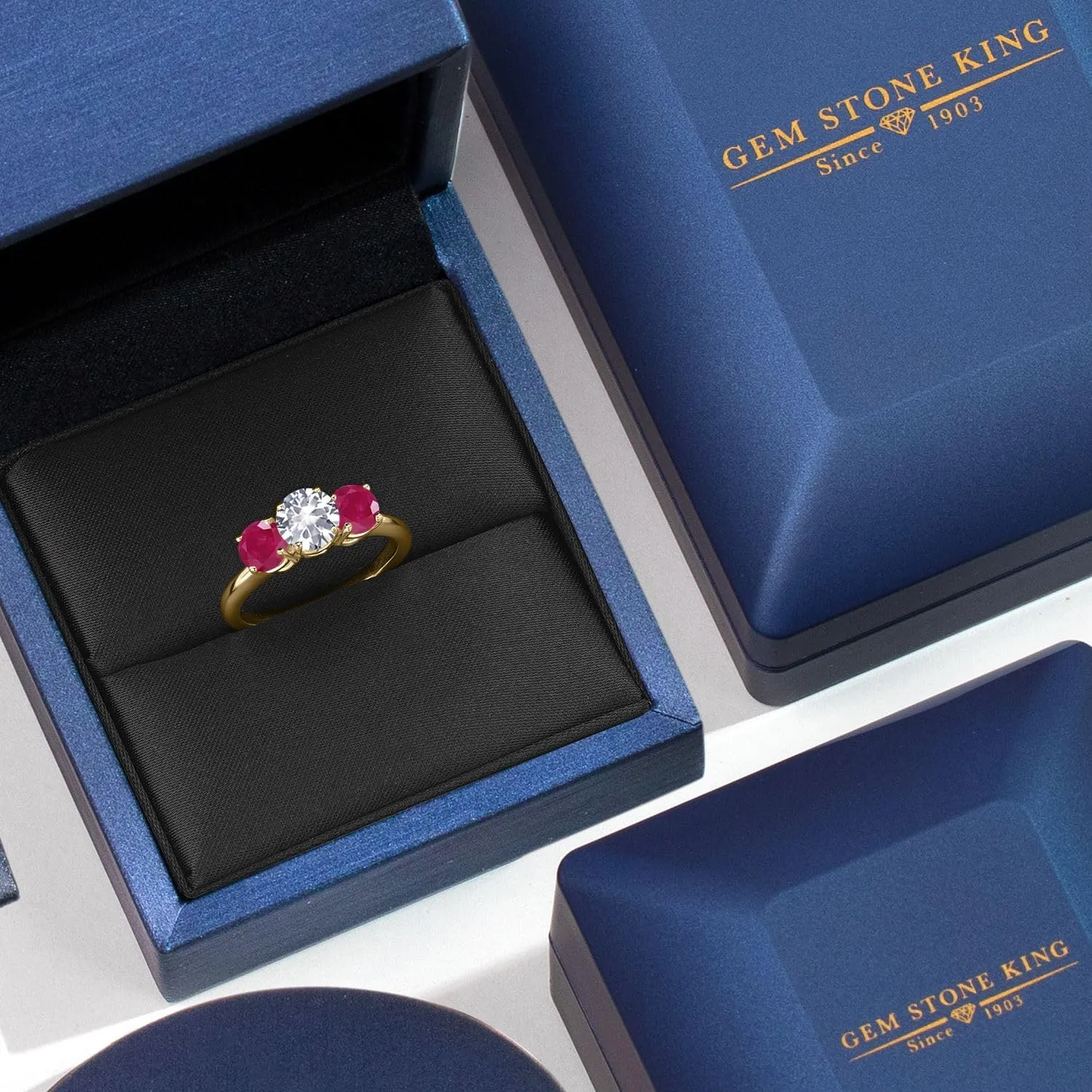 Gem Stone King 2.10 Ct Round White Created Sapphire Red Ruby 18K Yellow Gold Plated Silver Ring