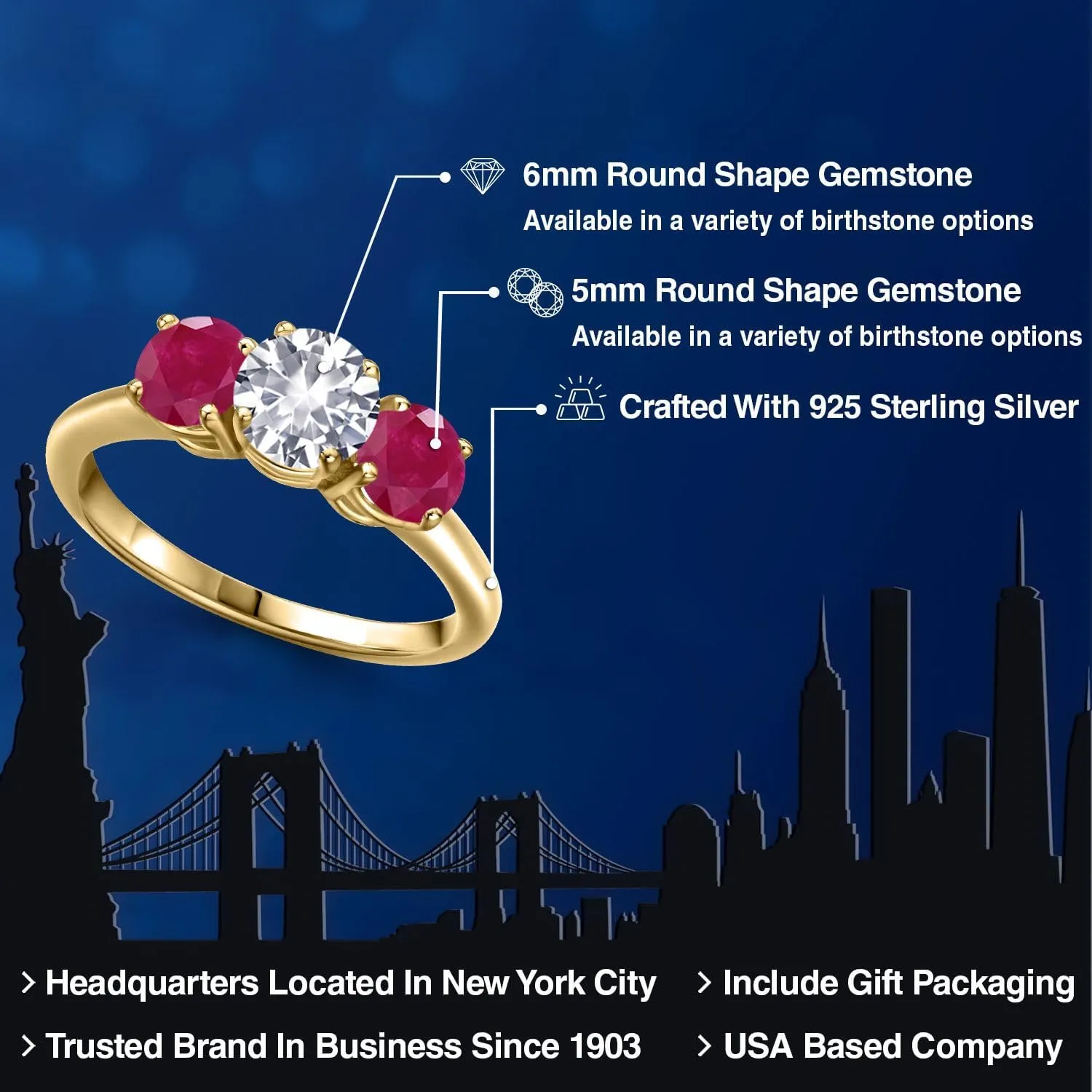 Gem Stone King 2.10 Ct Round White Created Sapphire Red Ruby 18K Yellow Gold Plated Silver Ring
