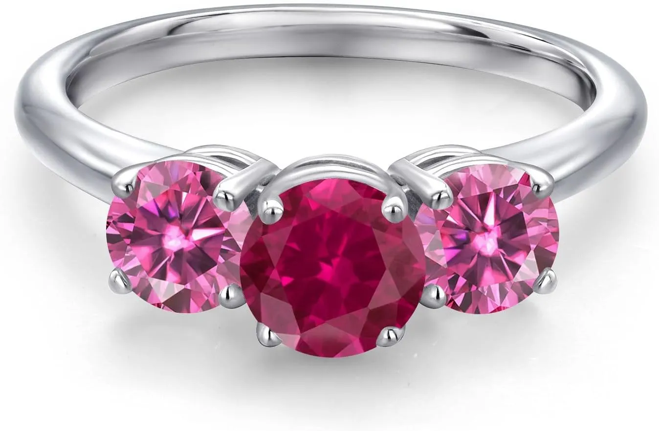 Gem Stone King 925 Sterling Silver Ring Round Red Created Ruby and Vivid Pink Moissanite (2.00 Cttw)