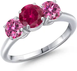 Gem Stone King 925 Sterling Silver Ring Round Red Created Ruby and Vivid Pink Moissanite (2.00 Cttw)