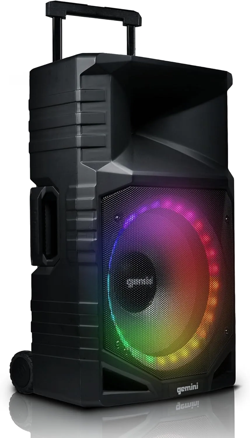 Gemini Sound GXP-T1500 All-Weather Portable Bluetooth PA Speaker System with RGB LED Party Lighting, 15" Woofer, Mic/Guitar Inputs, USB/FM Radio, Wireless Stereo Link, IPX4 Rating