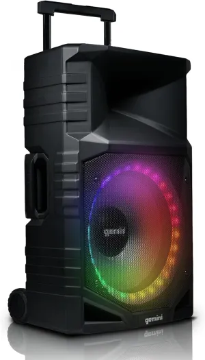 Gemini Sound GXP-T1500 All-Weather Portable Bluetooth PA Speaker System with RGB LED Party Lighting, 15" Woofer, Mic/Guitar Inputs, USB/FM Radio, Wireless Stereo Link, IPX4 Rating