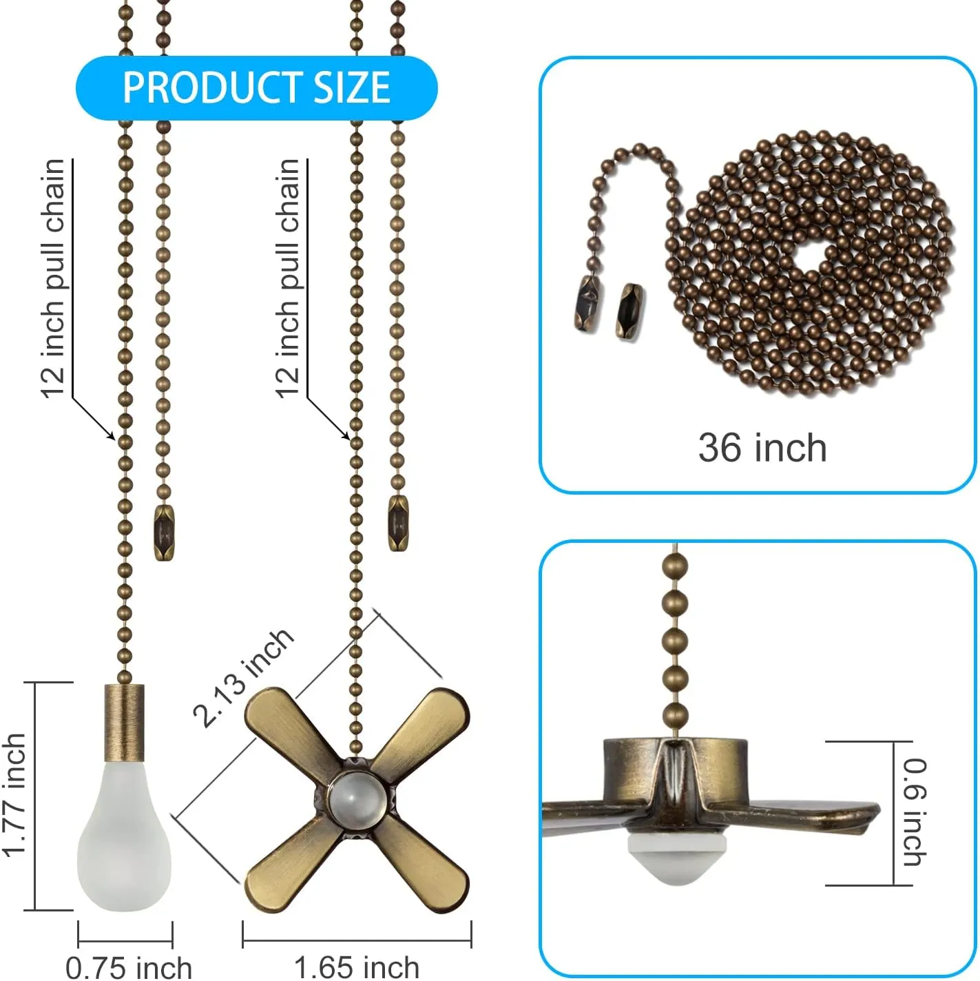 Generic ELFCAB Ceiling Fan Pull Chain Set, Including 4Pcs Beaded Ball Fan Pull Chain Pendant, Extra 8Pcs Pull Loop Connectors, 2Pcs 36 inches Fan Pull Chain Extension. (Antique Brass), 12inch