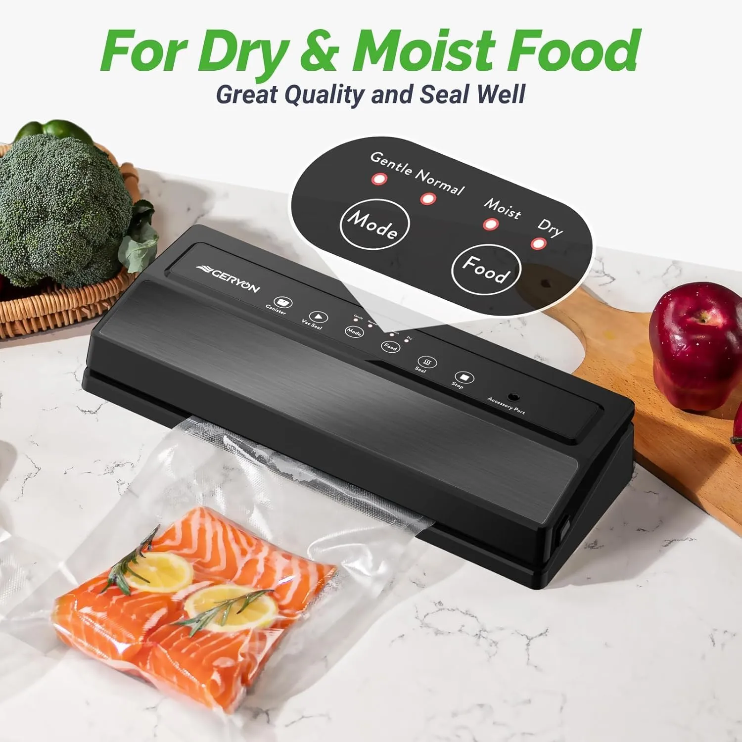 GERYON Vacuum Sealer Machine, Food Vacuum Sealer with Powerful Suction | Slim Design | Easy to Use | Led Indicator Lights for Sous Vide, Meal Prep, w/Starter Kits for Vacuum Seal Container