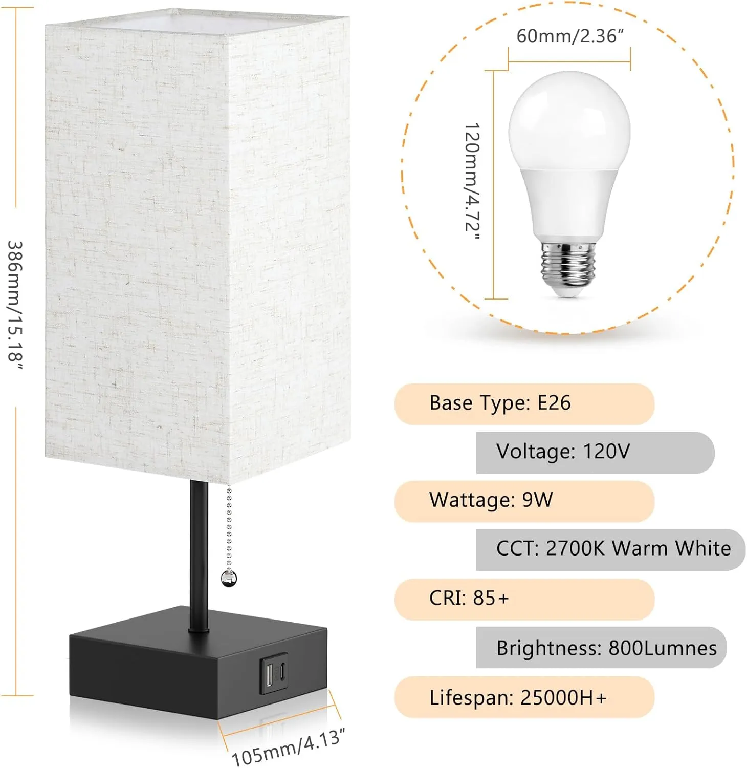 GGOYING Bedside Table Lamp, Pull Chain Bedroom Lamp with USB C A Charging Ports, 2700K LED Bulb, Linen Lampshade, Nightstand Lamp for Living Room Bedroom Office