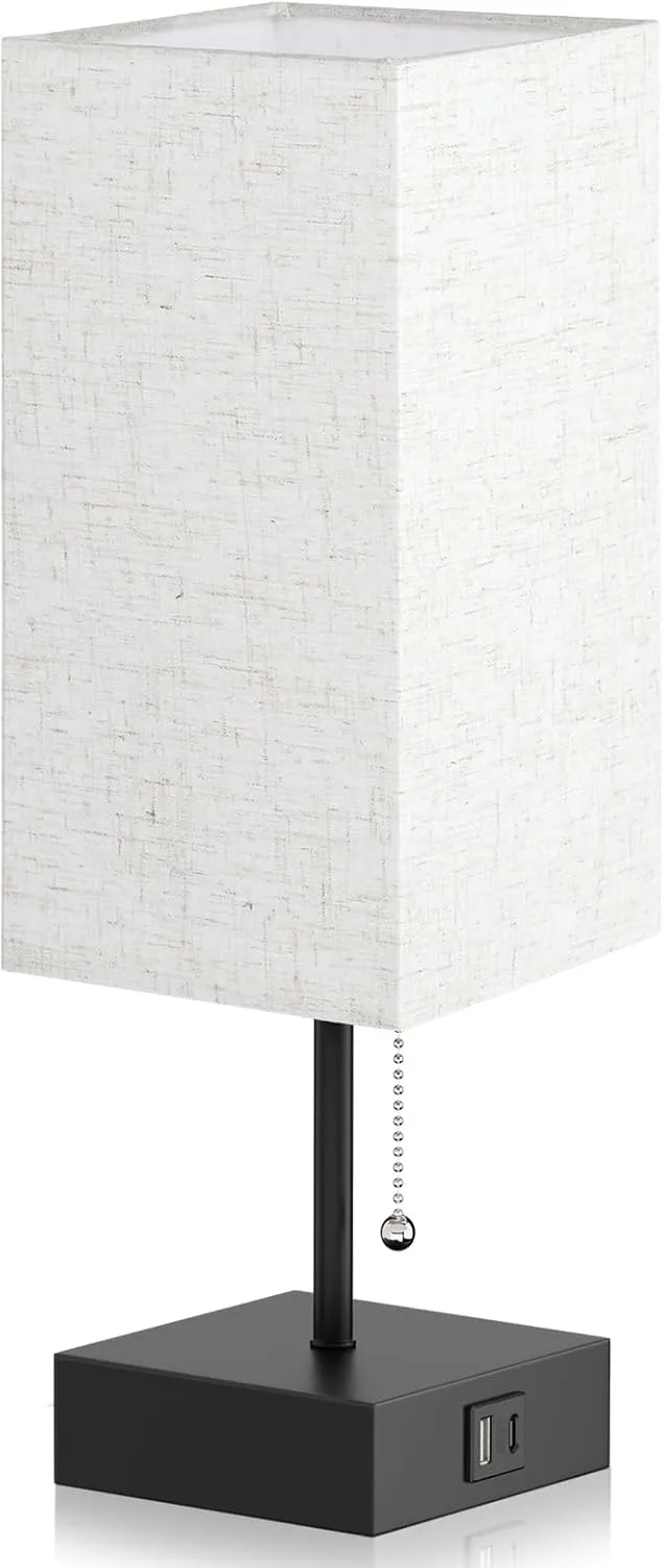GGOYING Bedside Table Lamp, Pull Chain Bedroom Lamp with USB C A Charging Ports, 2700K LED Bulb, Linen Lampshade, Nightstand Lamp for Living Room Bedroom Office