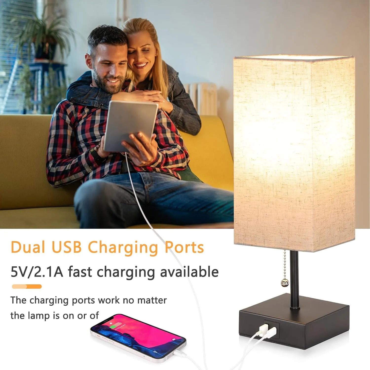 GGOYING Bedside Table Lamp, Pull Chain Bedroom Lamp with USB C A Charging Ports, 2700K LED Bulb, Linen Lampshade, Nightstand Lamp for Living Room Bedroom Office