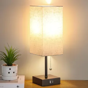 GGOYING Bedside Table Lamp, Pull Chain Bedroom Lamp with USB C A Charging Ports, 2700K LED Bulb, Linen Lampshade, Nightstand Lamp for Living Room Bedroom Office