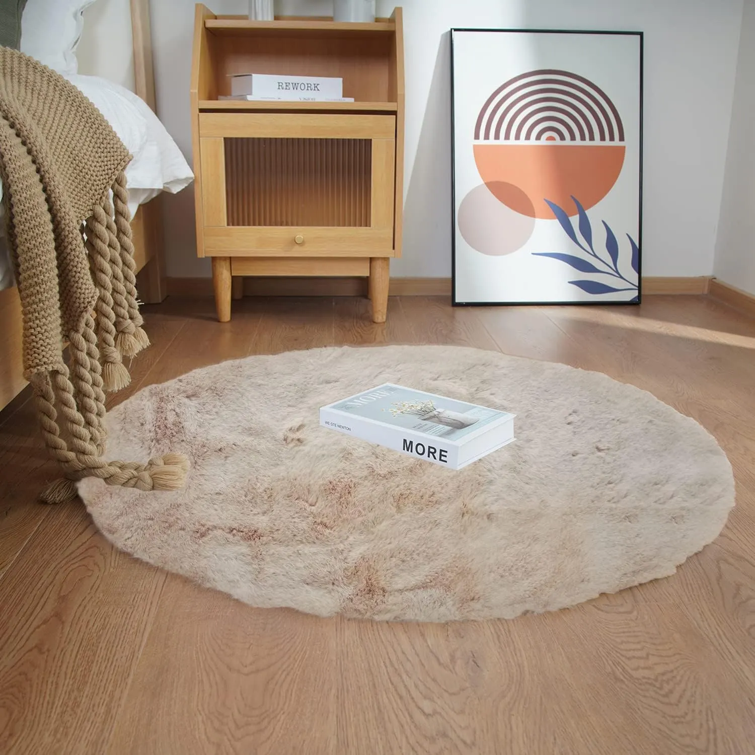 Ghouse Faux Rabbit Fur Round Rug 3ft Light Brown Beige Round Rugs for Bedroom Decor Fluffy Area Rugs for Living Room, no-Shedding Carpet Sheepskin Washable Rug Rome Decor