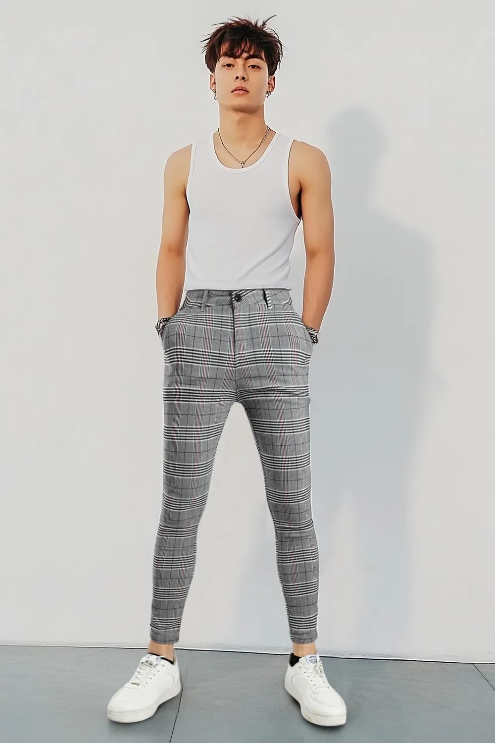 GINGTTO Mens Plaid Dress Pants Stretch Chino Pants Men Slim Fit