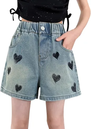 Girls Casual Embroidered Heart Denim Shorts Teen Functional Button Closure Pockets High-Waisted Loose Vintage Shorts