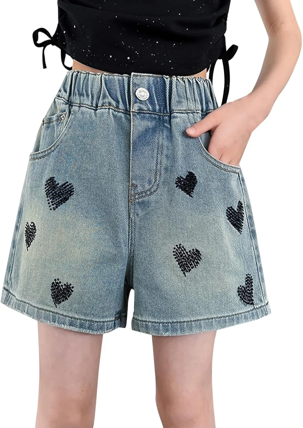 Girls Casual Embroidered Heart Denim Shorts Teen Functional Button Closure Pockets High-Waisted Loose Vintage Shorts