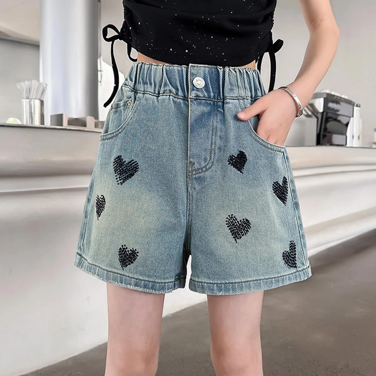 Girls Casual Embroidered Heart Denim Shorts Teen Functional Button Closure Pockets High-Waisted Loose Vintage Shorts