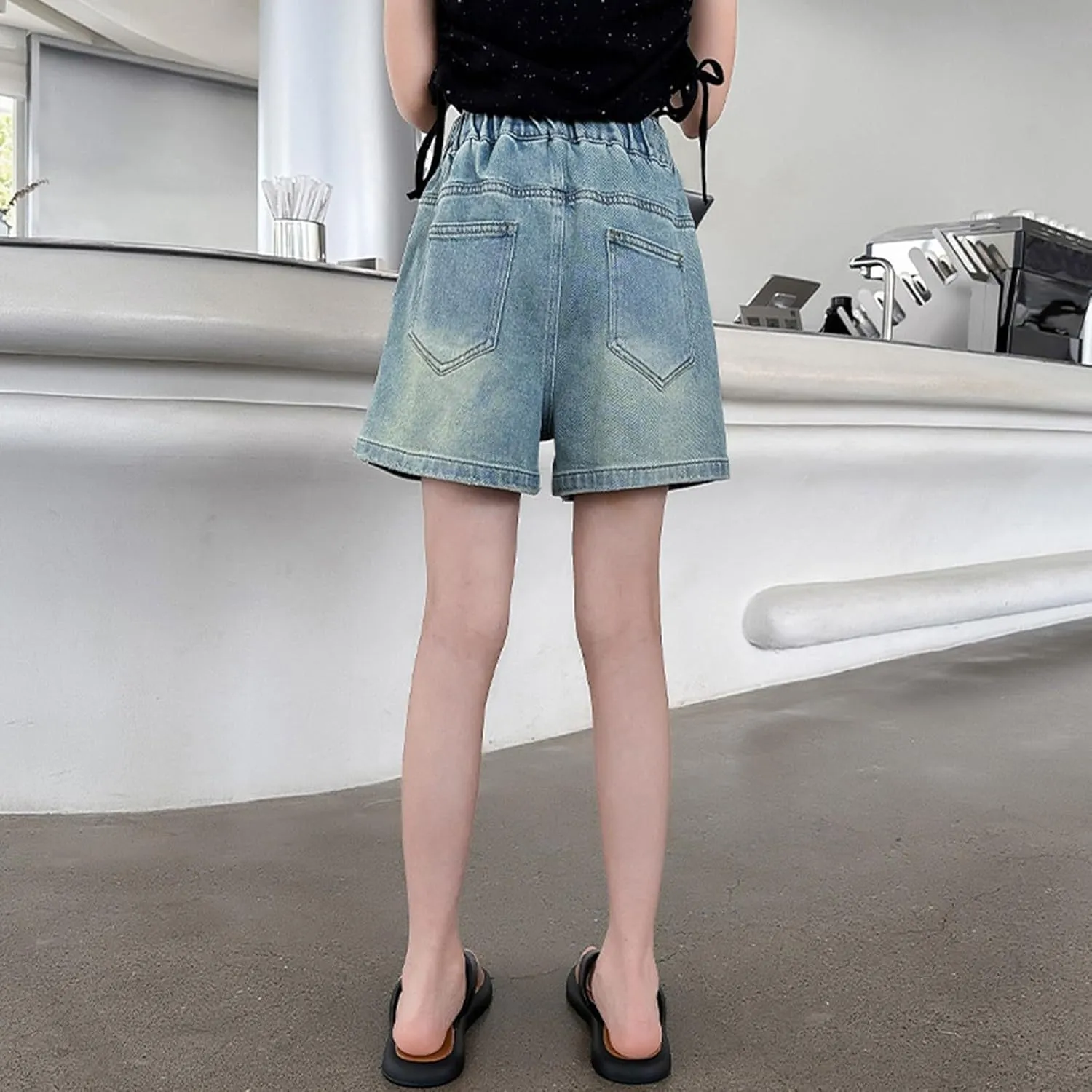 Girls Casual Embroidered Heart Denim Shorts Teen Functional Button Closure Pockets High-Waisted Loose Vintage Shorts