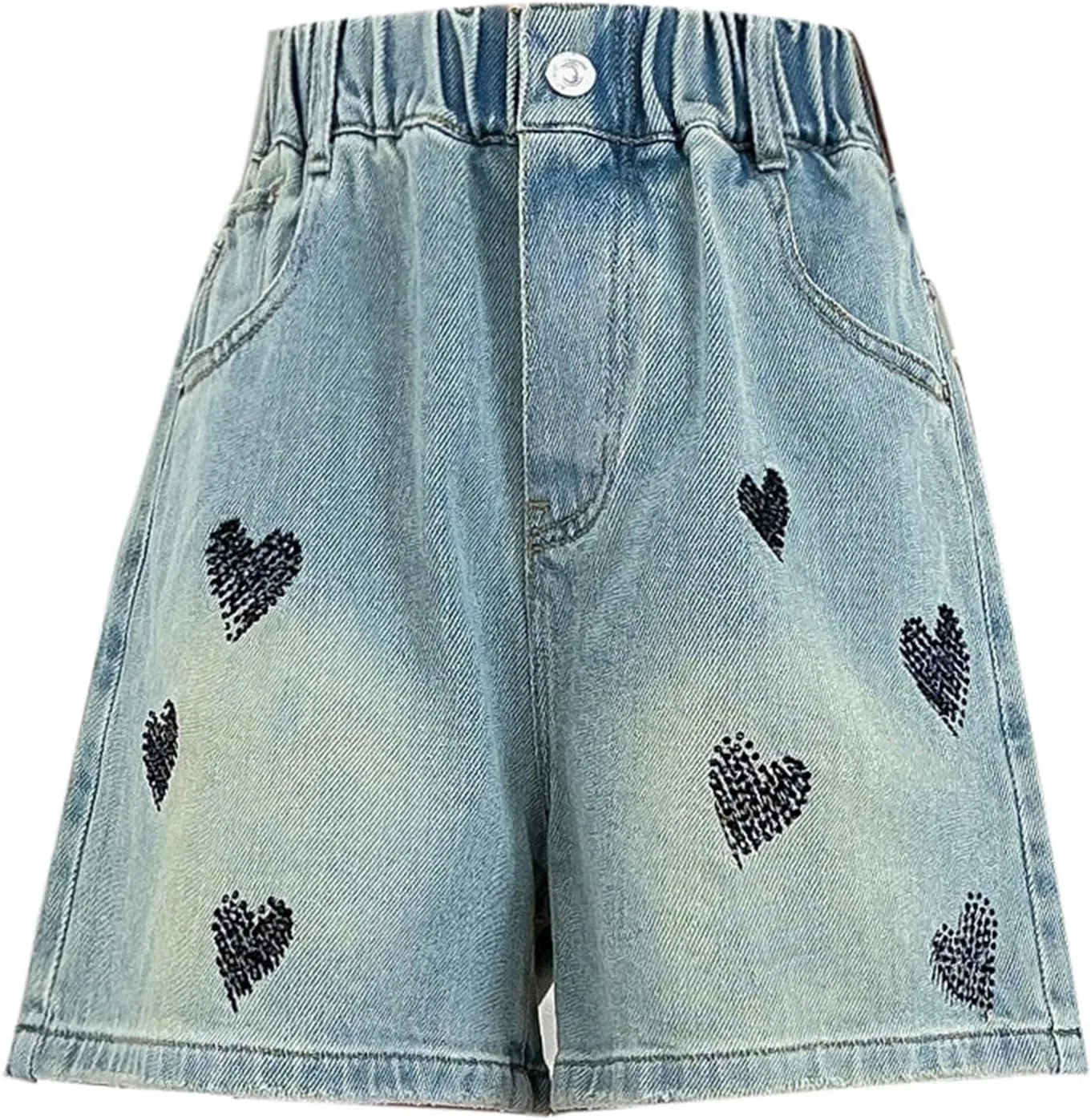 Girls Casual Embroidered Heart Denim Shorts Teen Functional Button Closure Pockets High-Waisted Loose Vintage Shorts