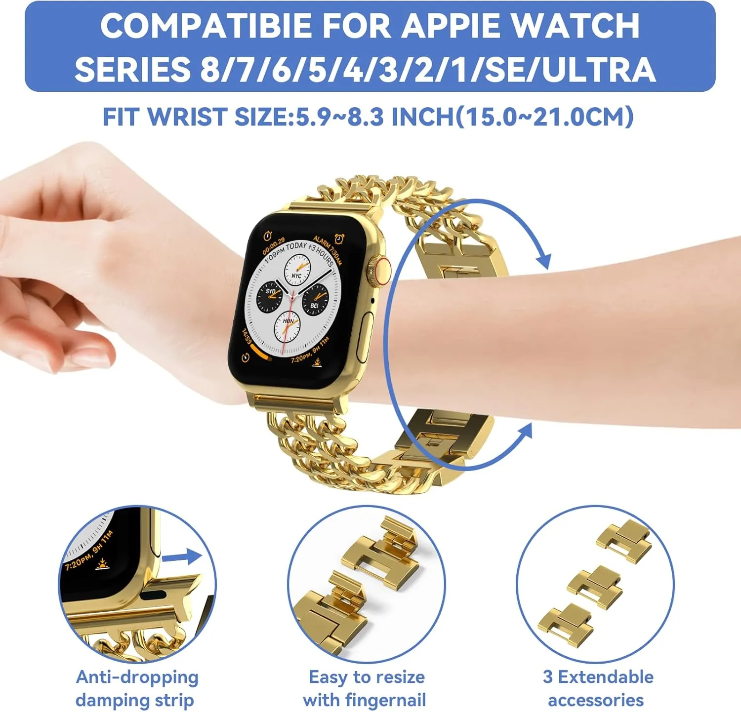 Gold Watch Bands for Women Compatible with Apple Watch Band 38mm 40mm 41mm 42mm 44mm 45mm 46mm 49mm Adjustable Metal Band Cowboy Steel Chain Bracelet for iWatch Series1/2/3/4/5/6/7/8/9/10/SE