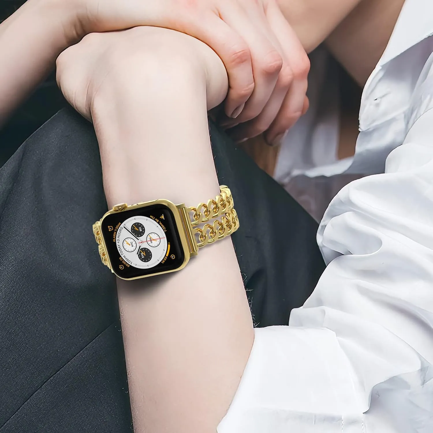 Gold Watch Bands for Women Compatible with Apple Watch Band 38mm 40mm 41mm 42mm 44mm 45mm 46mm 49mm Adjustable Metal Band Cowboy Steel Chain Bracelet for iWatch Series1/2/3/4/5/6/7/8/9/10/SE