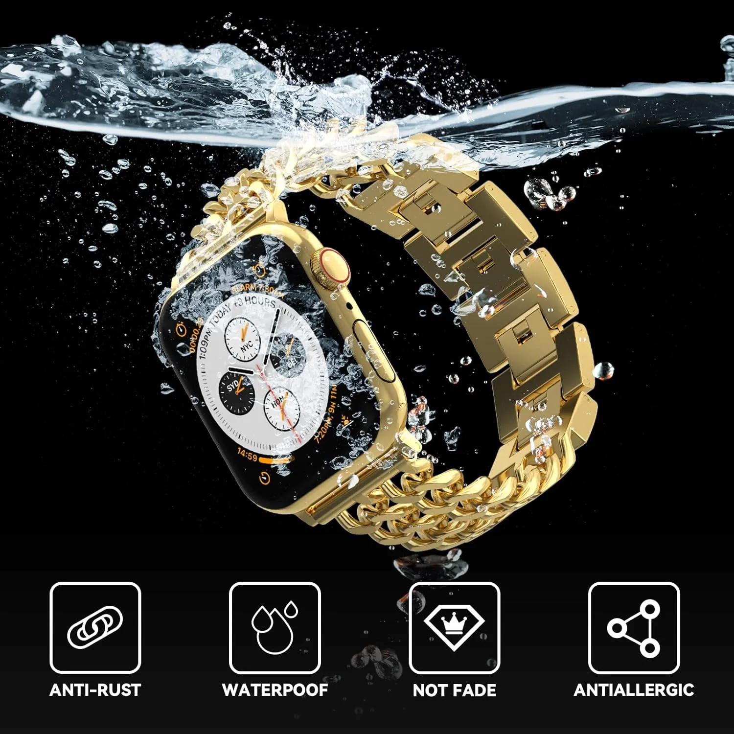 Gold Watch Bands for Women Compatible with Apple Watch Band 38mm 40mm 41mm 42mm 44mm 45mm 46mm 49mm Adjustable Metal Band Cowboy Steel Chain Bracelet for iWatch Series1/2/3/4/5/6/7/8/9/10/SE