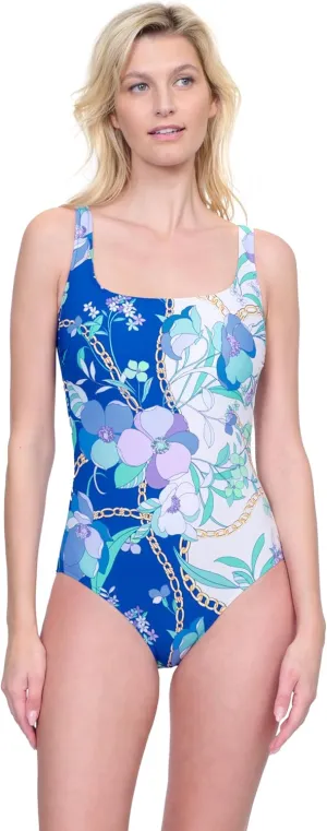 Gottex Memories of Capri Women’s Multi Floral Chain Print Square Neck One Piece Swimsuit with Soft Cups Tummy Control